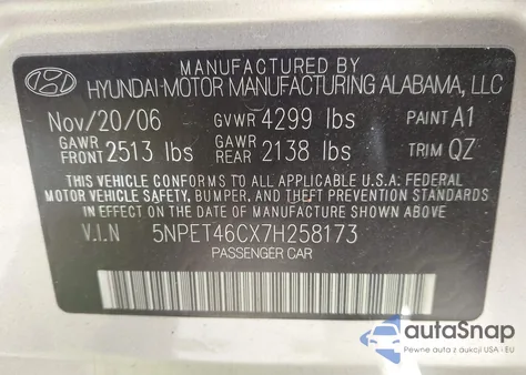 2007 Hyundai Sonata Gls из США, поврежденный, VIN 5NPET46CX7H258173